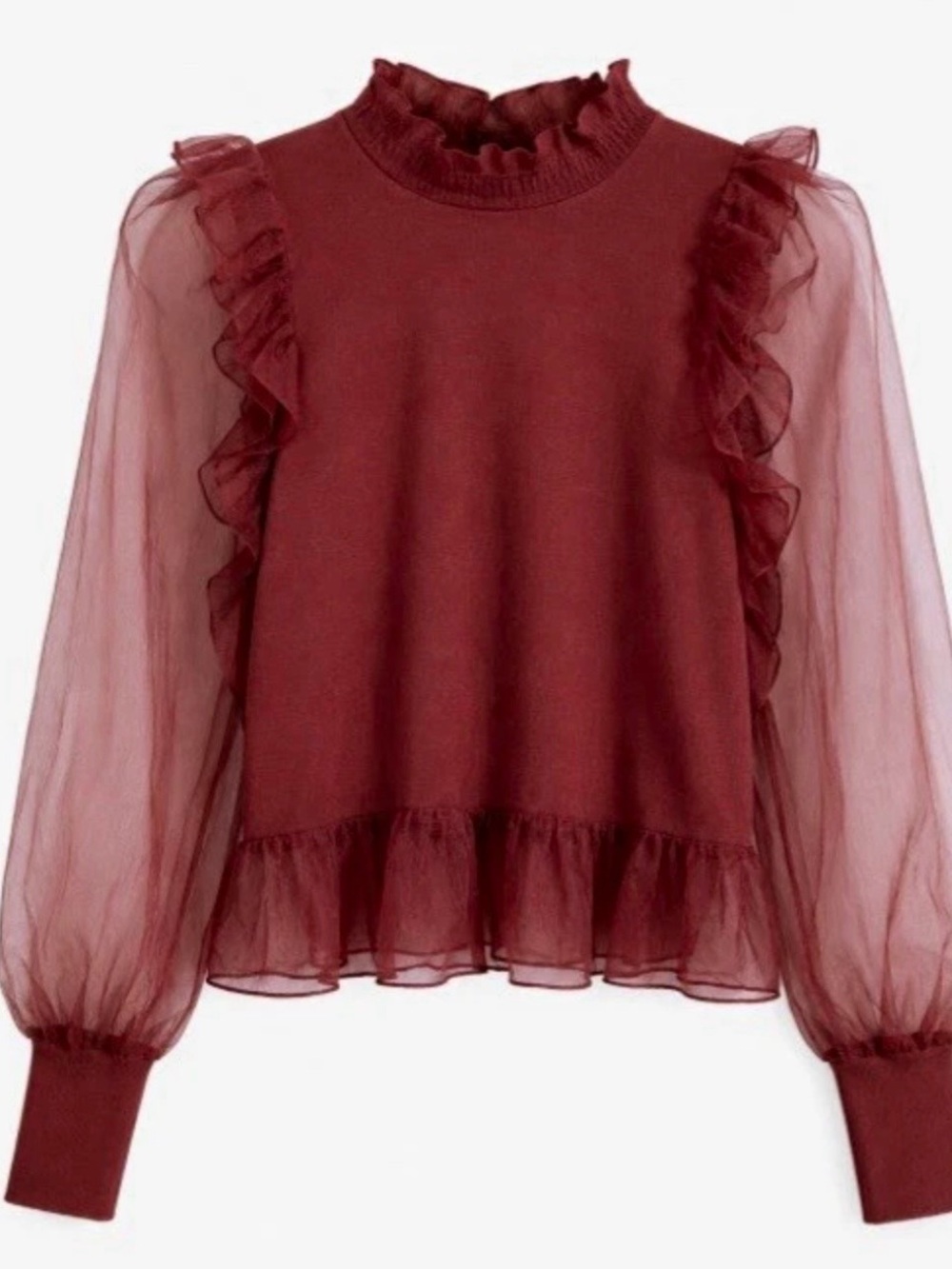 Zara Wine Ruffle Sheer-Sleeve Blouse